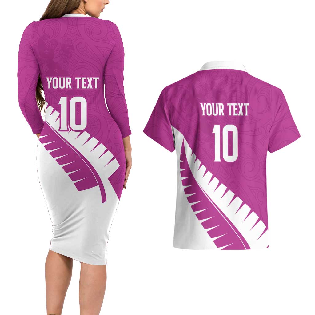 Custom New Zealand Cricket Couples Matching Long Sleeve Bodycon Dress and Hawaiian Shirt Kiwi Birds Haka Dance Pink Fern Sporty Style LT03 - Polynesian Pride