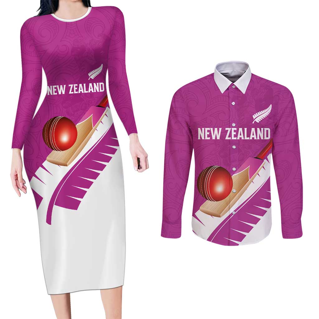 Custom New Zealand Cricket Couples Matching Long Sleeve Bodycon Dress and Long Sleeve Button Shirt Kiwi Birds Haka Dance Pink Fern Sporty Style LT03 Pink - Polynesian Pride