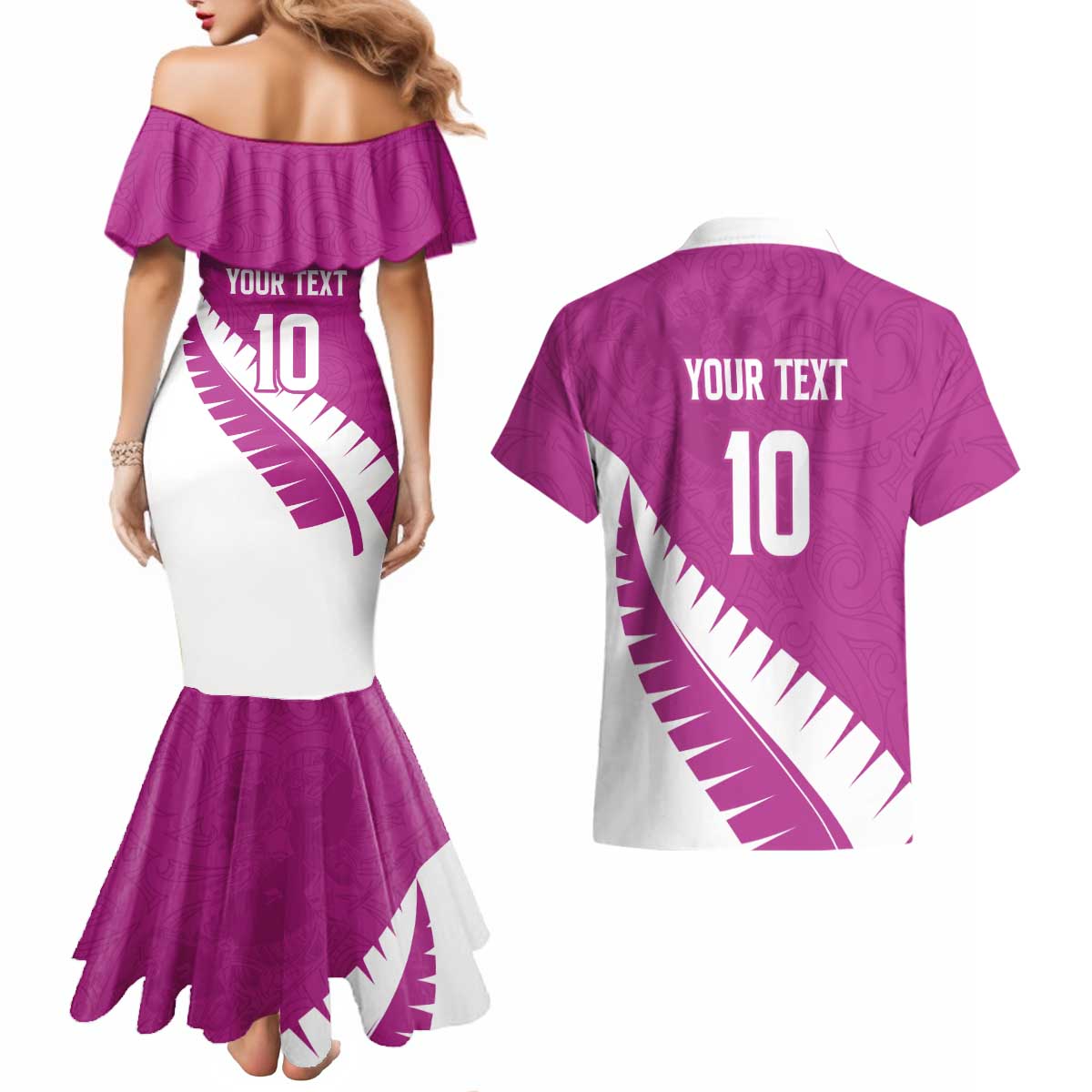 Custom New Zealand Cricket Couples Matching Mermaid Dress and Hawaiian Shirt Kiwi Birds Haka Dance Pink Fern Sporty Style LT03 - Polynesian Pride