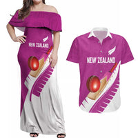 Custom New Zealand Cricket Couples Matching Off Shoulder Maxi Dress and Hawaiian Shirt Kiwi Birds Haka Dance Pink Fern Sporty Style LT03 Pink - Polynesian Pride