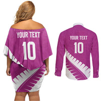 Custom New Zealand Cricket Couples Matching Off Shoulder Short Dress and Long Sleeve Button Shirt Kiwi Birds Haka Dance Pink Fern Sporty Style LT03 - Polynesian Pride