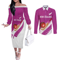 Custom New Zealand Cricket Couples Matching Off The Shoulder Long Sleeve Dress and Long Sleeve Button Shirt Kiwi Birds Haka Dance Pink Fern Sporty Style LT03 Pink - Polynesian Pride