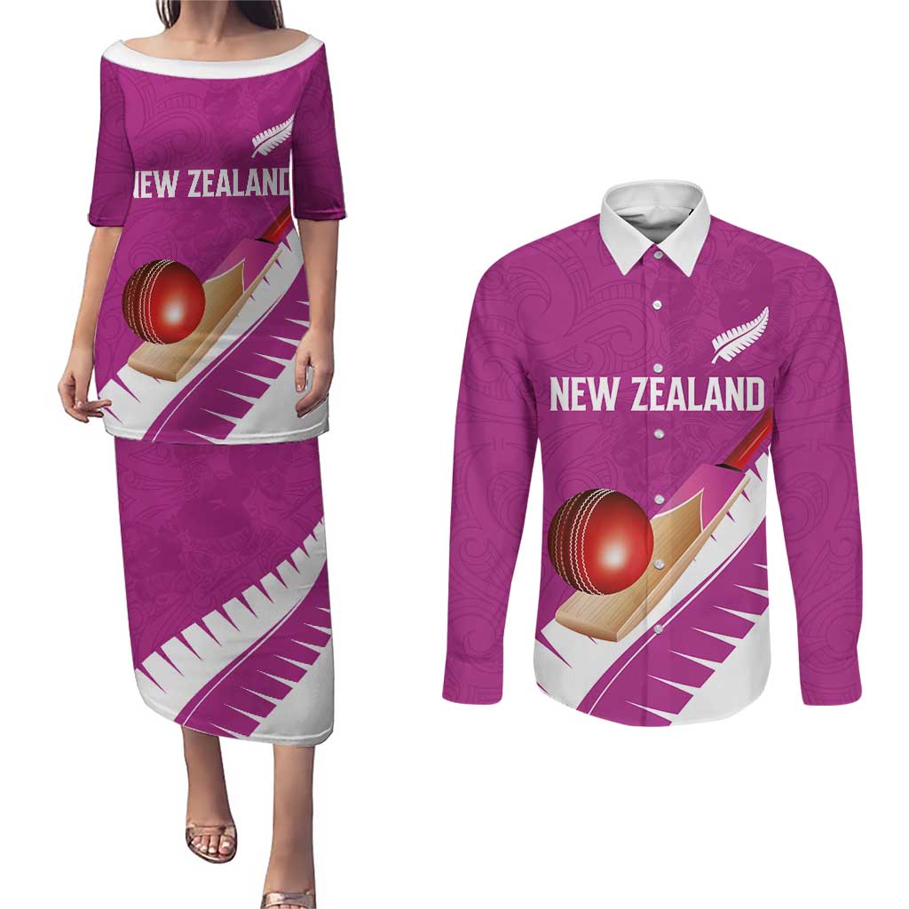 Custom New Zealand Cricket Couples Matching Puletasi and Long Sleeve Button Shirt Kiwi Birds Haka Dance Pink Fern Sporty Style LT03 Pink - Polynesian Pride