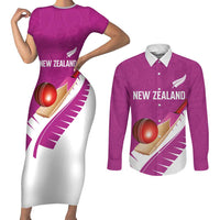 Custom New Zealand Cricket Couples Matching Short Sleeve Bodycon Dress and Long Sleeve Button Shirt Kiwi Birds Haka Dance Pink Fern Sporty Style LT03 Pink - Polynesian Pride