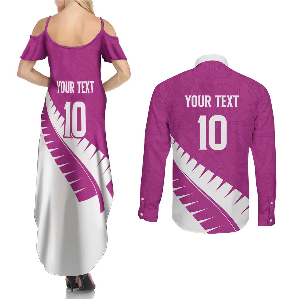 Custom New Zealand Cricket Couples Matching Summer Maxi Dress and Long Sleeve Button Shirt Kiwi Birds Haka Dance Pink Fern Sporty Style LT03 - Polynesian Pride