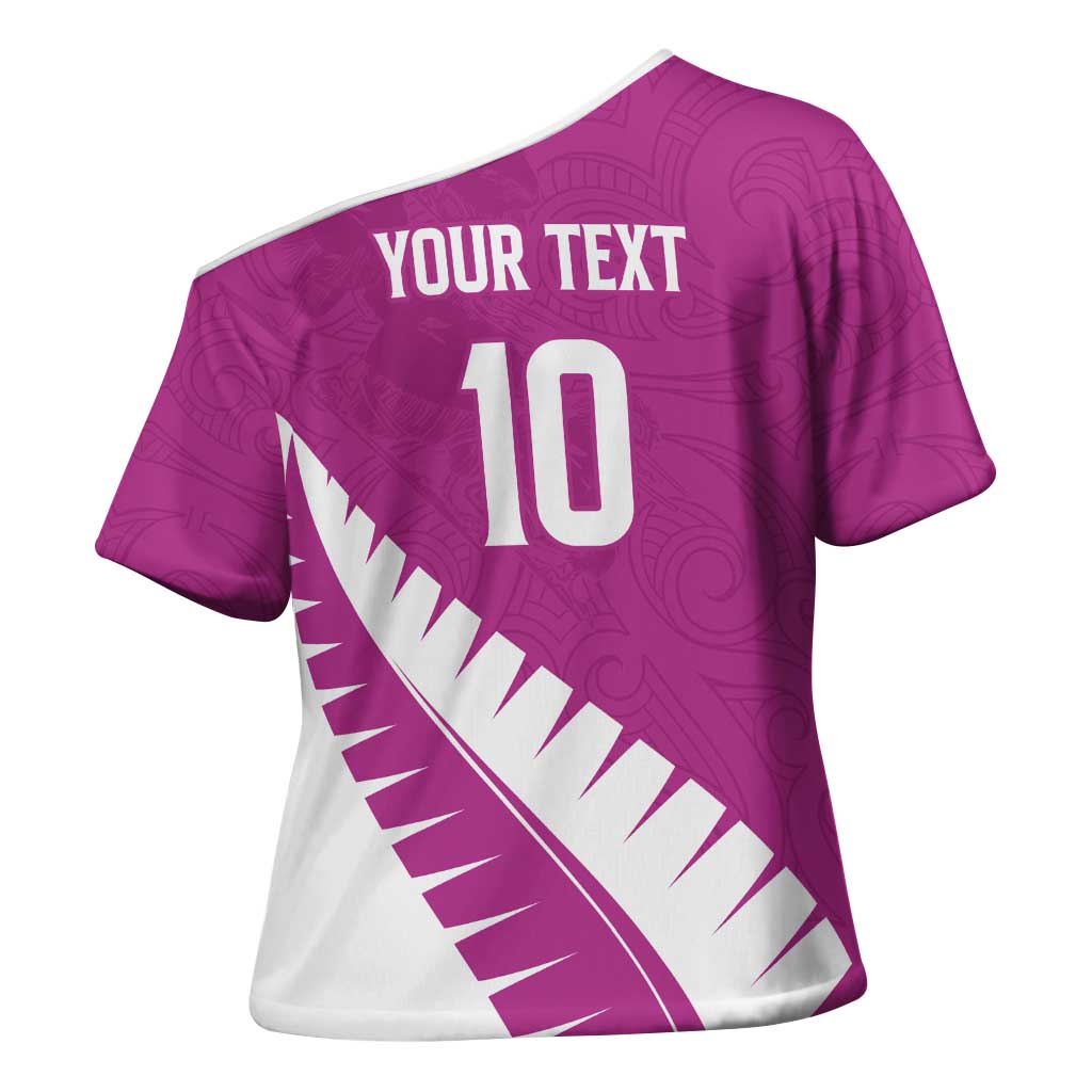 Custom New Zealand Cricket Cross Shoulder Shirt Kiwi Birds Haka Dance Pink Fern Sporty Style LT03 - Polynesian Pride
