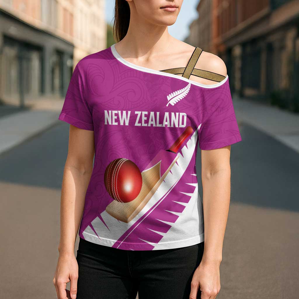 Custom New Zealand Cricket Cross Shoulder Shirt Kiwi Birds Haka Dance Pink Fern Sporty Style LT03 - Polynesian Pride