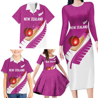 Custom New Zealand Cricket Family Matching Long Sleeve Bodycon Dress and Hawaiian Shirt Kiwi Birds Haka Dance Pink Fern Sporty Style LT03 - Polynesian Pride