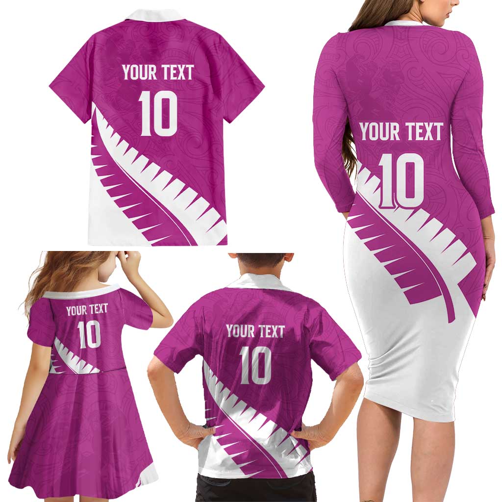 Custom New Zealand Cricket Family Matching Long Sleeve Bodycon Dress and Hawaiian Shirt Kiwi Birds Haka Dance Pink Fern Sporty Style LT03 - Polynesian Pride