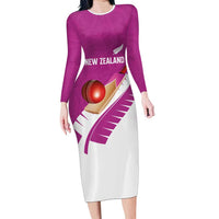 Custom New Zealand Cricket Family Matching Long Sleeve Bodycon Dress and Hawaiian Shirt Kiwi Birds Haka Dance Pink Fern Sporty Style LT03 Mom's Dress Pink - Polynesian Pride