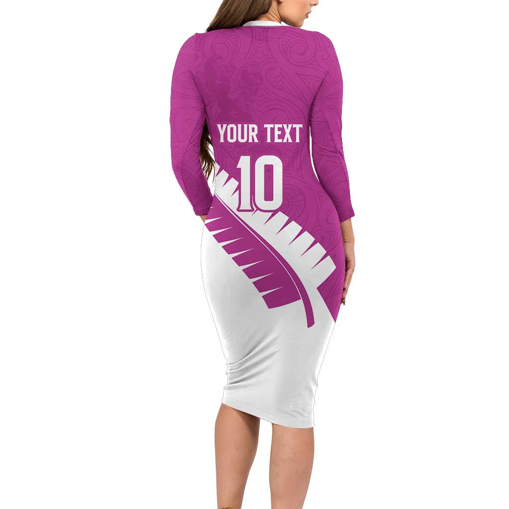 Custom New Zealand Cricket Family Matching Long Sleeve Bodycon Dress and Hawaiian Shirt Kiwi Birds Haka Dance Pink Fern Sporty Style LT03 - Polynesian Pride