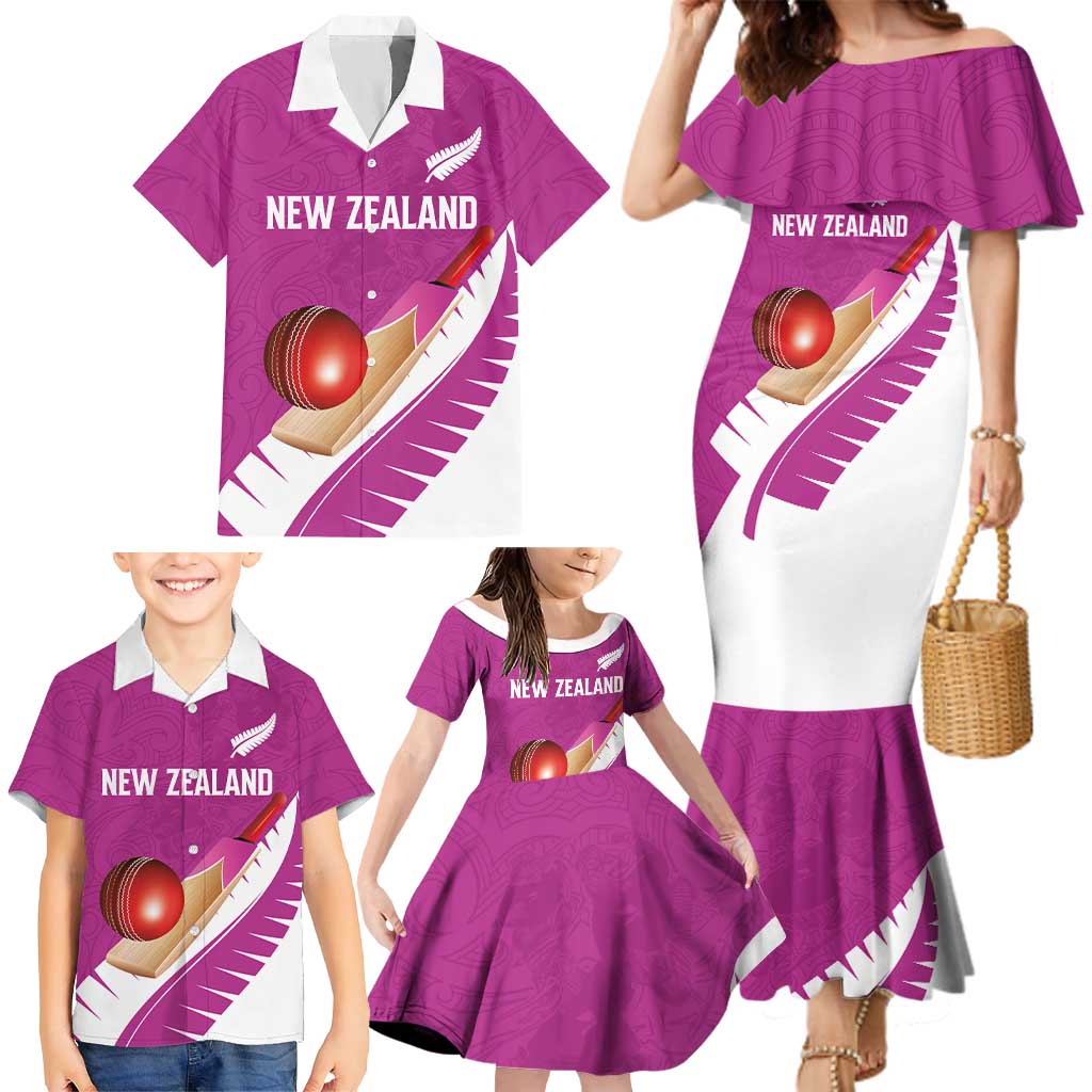 Custom New Zealand Cricket Family Matching Mermaid Dress and Hawaiian Shirt Kiwi Birds Haka Dance Pink Fern Sporty Style LT03 - Polynesian Pride