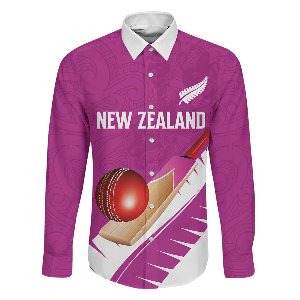 Custom New Zealand Cricket Family Matching Off Shoulder Maxi Dress and Hawaiian Shirt Kiwi Birds Haka Dance Pink Fern Sporty Style LT03 Dad's Shirt - Long Sleeve Pink - Polynesian Pride