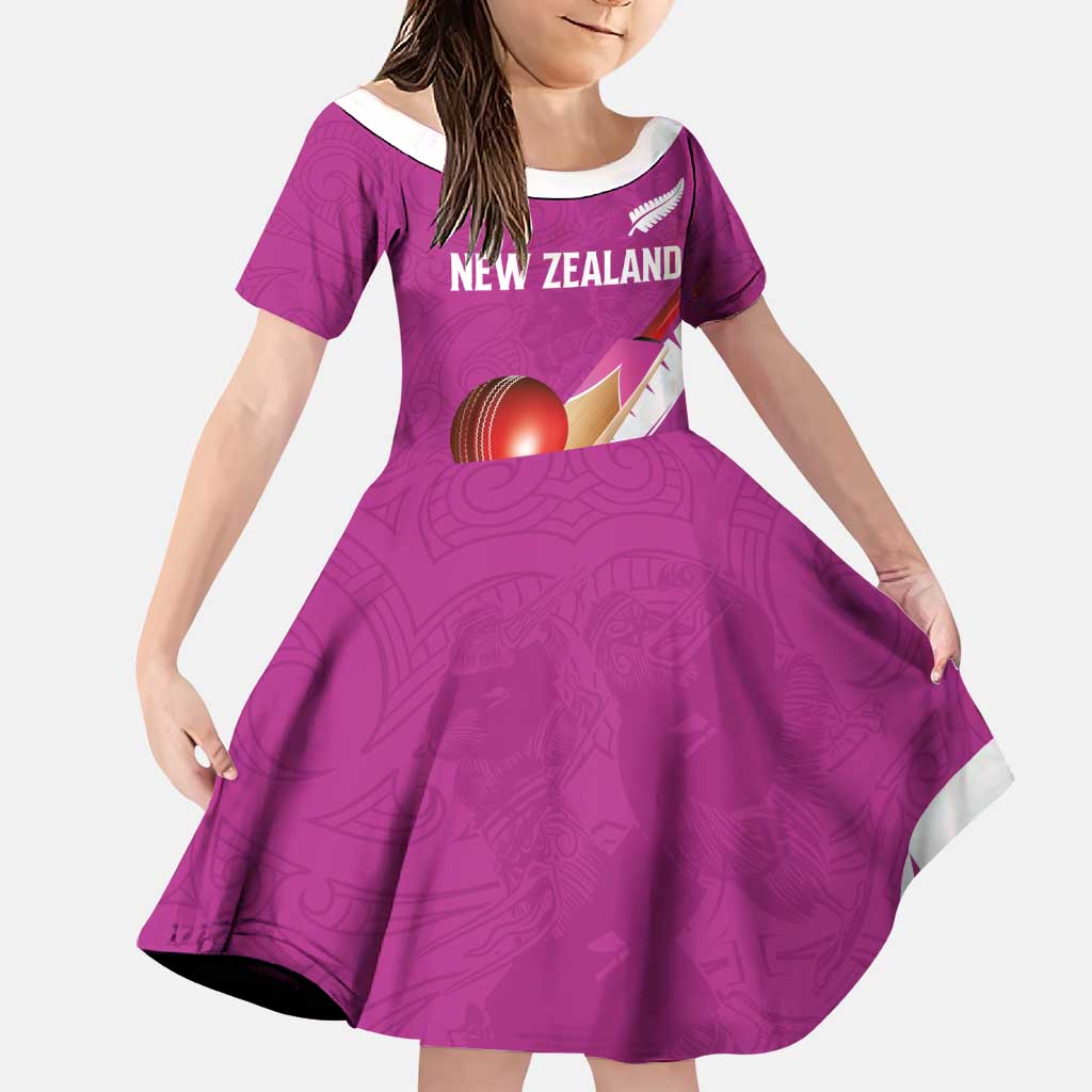 Custom New Zealand Cricket Family Matching Short Sleeve Bodycon Dress and Hawaiian Shirt Kiwi Birds Haka Dance Pink Fern Sporty Style LT03 Daughter's Dress Pink - Polynesian Pride