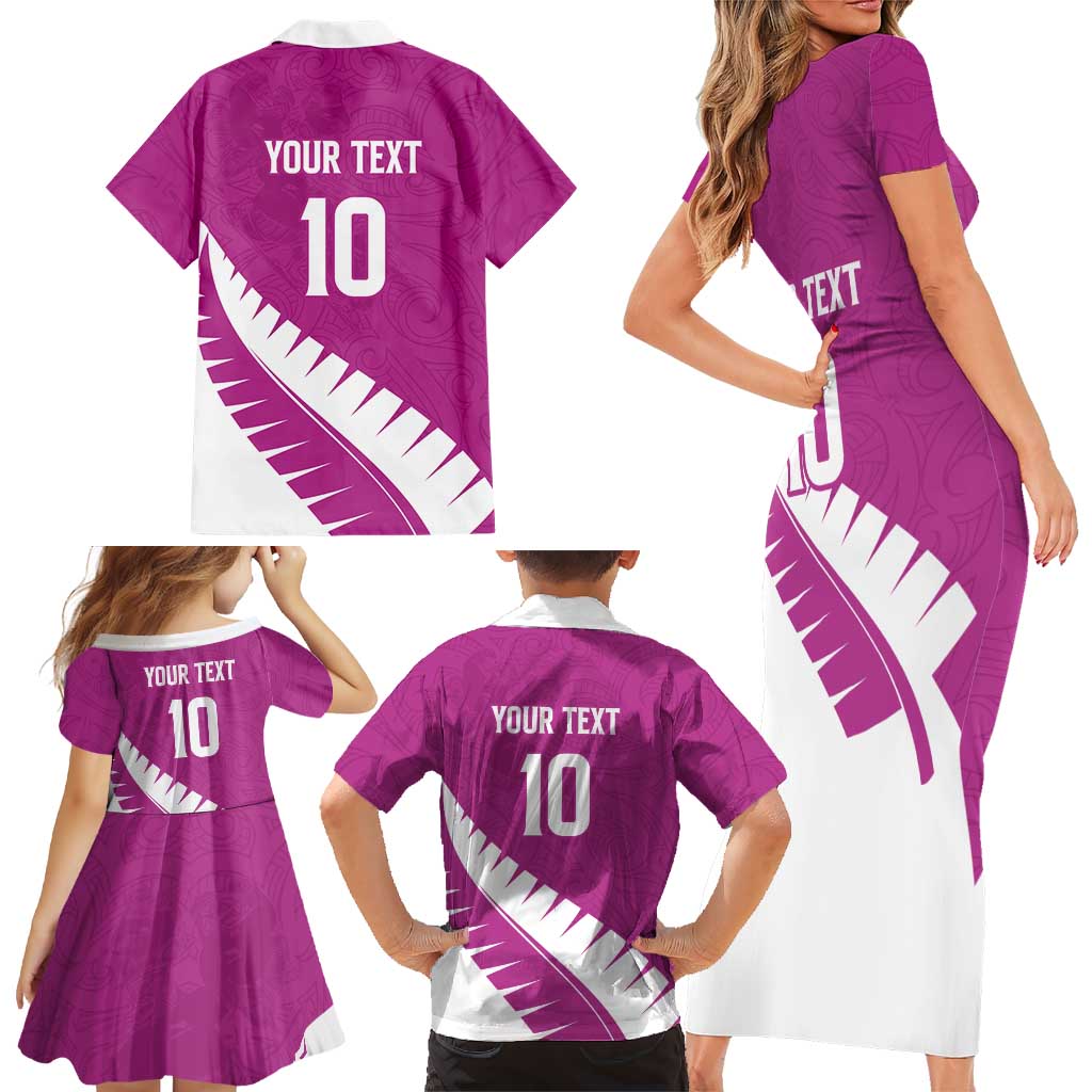 Custom New Zealand Cricket Family Matching Short Sleeve Bodycon Dress and Hawaiian Shirt Kiwi Birds Haka Dance Pink Fern Sporty Style LT03 - Polynesian Pride