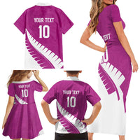 Custom New Zealand Cricket Family Matching Short Sleeve Bodycon Dress and Hawaiian Shirt Kiwi Birds Haka Dance Pink Fern Sporty Style LT03 - Polynesian Pride