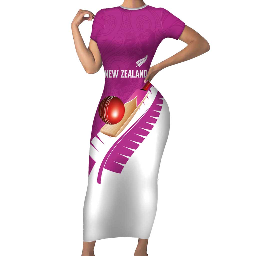 Custom New Zealand Cricket Family Matching Short Sleeve Bodycon Dress and Hawaiian Shirt Kiwi Birds Haka Dance Pink Fern Sporty Style LT03 Mom's Dress Pink - Polynesian Pride