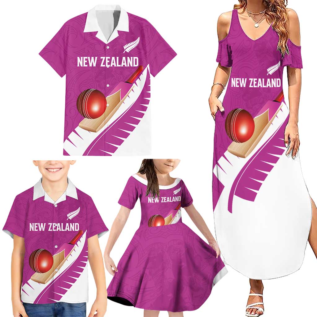 Custom New Zealand Cricket Family Matching Summer Maxi Dress and Hawaiian Shirt Kiwi Birds Haka Dance Pink Fern Sporty Style LT03 - Polynesian Pride