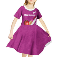 Custom New Zealand Cricket Kid Short Sleeve Dress Kiwi Birds Haka Dance Pink Fern Sporty Style LT03 - Polynesian Pride