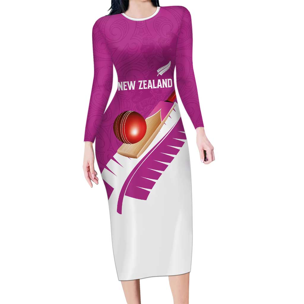 Custom New Zealand Cricket Long Sleeve Bodycon Dress Kiwi Birds Haka Dance Pink Fern Sporty Style LT03 Long Dress Pink - Polynesian Pride