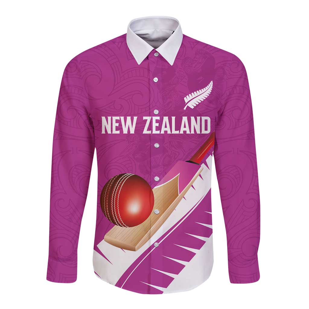 Custom New Zealand Cricket Long Sleeve Button Shirt Kiwi Birds Haka Dance Pink Fern Sporty Style LT03 Unisex Pink - Polynesian Pride