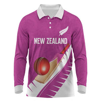 Custom New Zealand Cricket Long Sleeve Polo Shirt Kiwi Birds Haka Dance Pink Fern Sporty Style LT03 Pink - Polynesian Pride