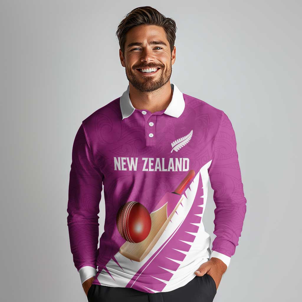 Custom New Zealand Cricket Long Sleeve Polo Shirt Kiwi Birds Haka Dance Pink Fern Sporty Style LT03 - Polynesian Pride