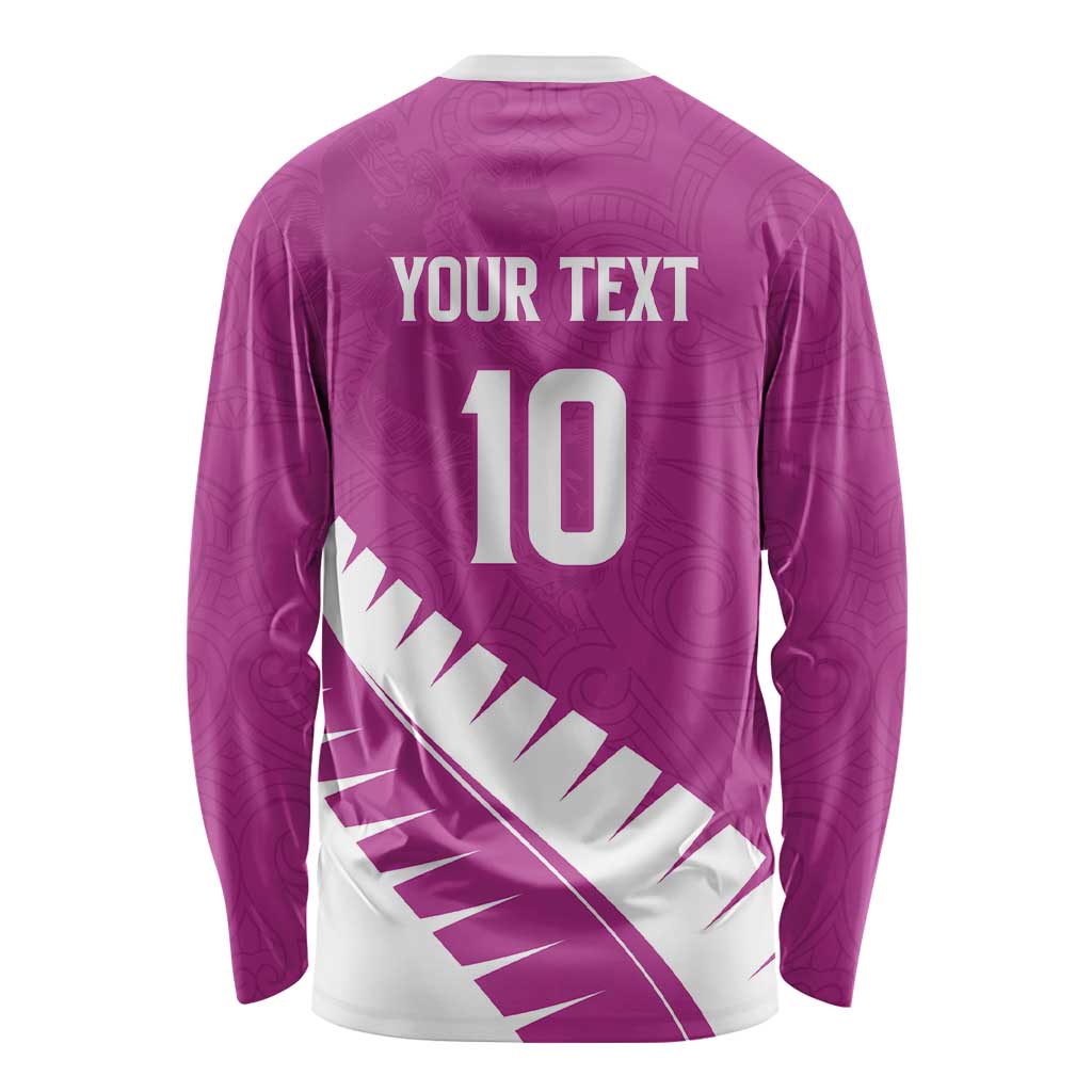 Custom New Zealand Cricket Long Sleeve Shirt Kiwi Birds Haka Dance Pink Fern Sporty Style LT03 - Polynesian Pride