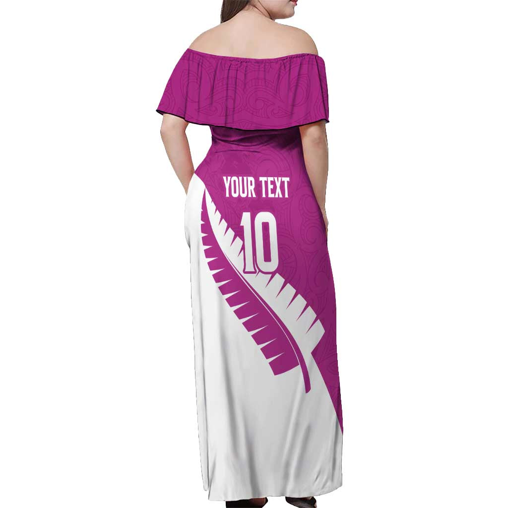 Custom New Zealand Cricket Off Shoulder Maxi Dress Kiwi Birds Haka Dance Pink Fern Sporty Style LT03 - Polynesian Pride
