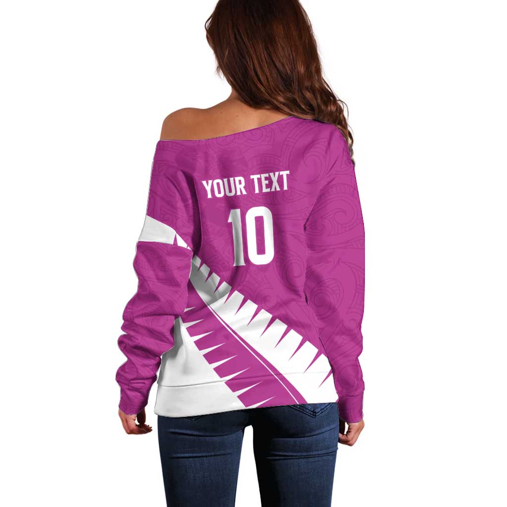 Custom New Zealand Cricket Off Shoulder Sweater Kiwi Birds Haka Dance Pink Fern Sporty Style LT03 - Polynesian Pride