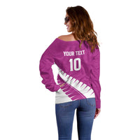 Custom New Zealand Cricket Off Shoulder Sweater Kiwi Birds Haka Dance Pink Fern Sporty Style LT03 - Polynesian Pride