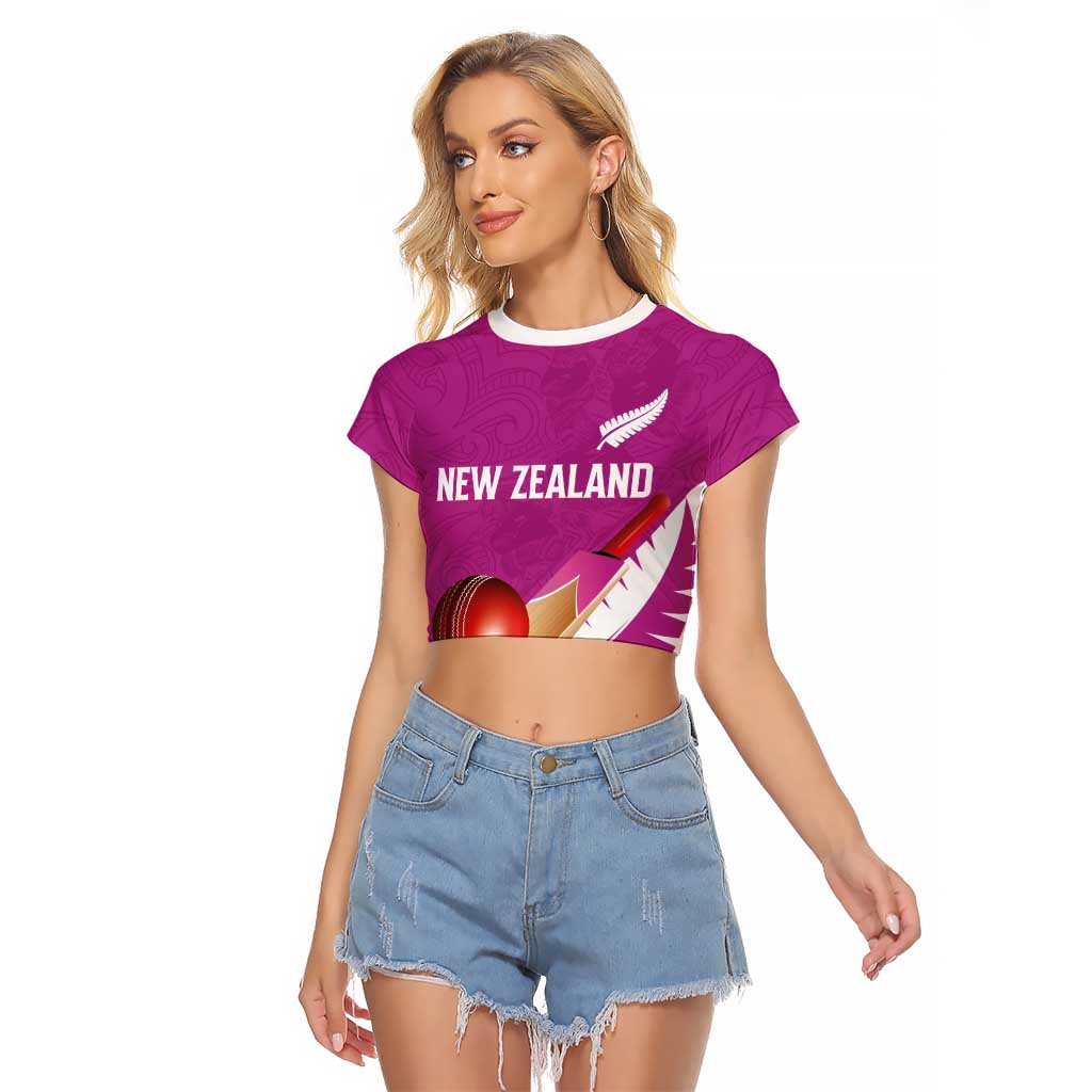 Custom New Zealand Cricket Raglan Cropped T Shirt Kiwi Birds Haka Dance Pink Fern Sporty Style
