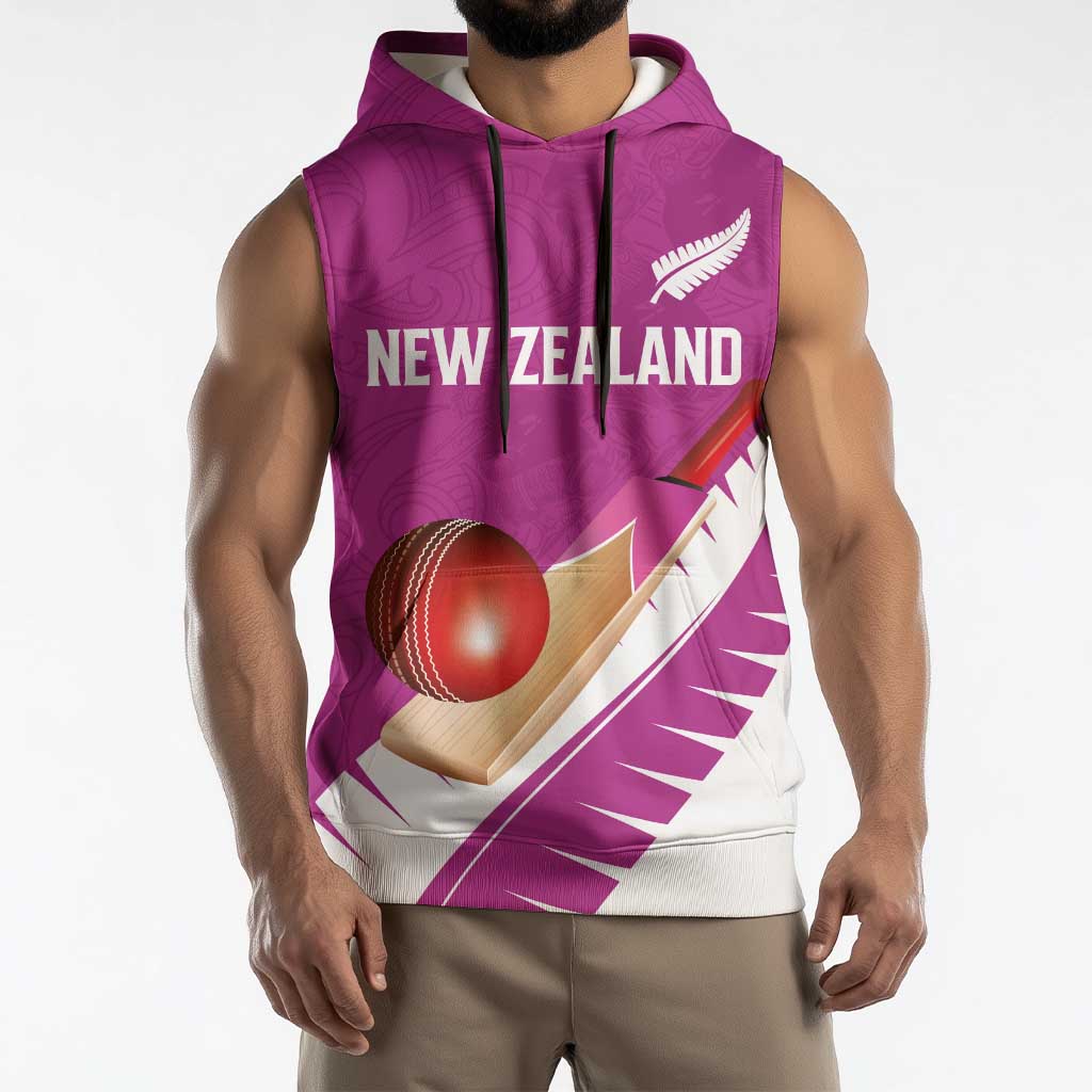 Custom New Zealand Cricket Sleeveless Hoodie Kiwi Birds Haka Dance Pink Fern Sporty Style LT03 - Polynesian Pride
