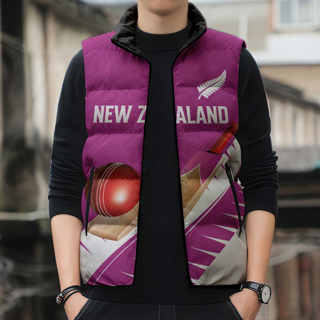 Custom New Zealand Cricket Sleeveless Puffer Jacket Kiwi Birds Haka Dance Pink Fern Sporty Style LT03 - Polynesian Pride