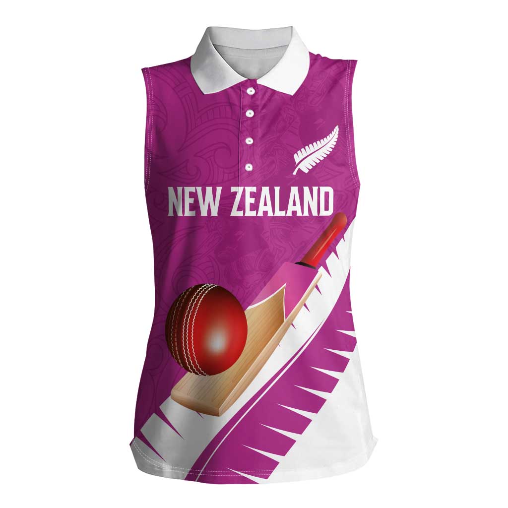 Custom New Zealand Cricket Women Sleeveless Polo Shirt Kiwi Birds Haka Dance Pink Fern Sporty Style