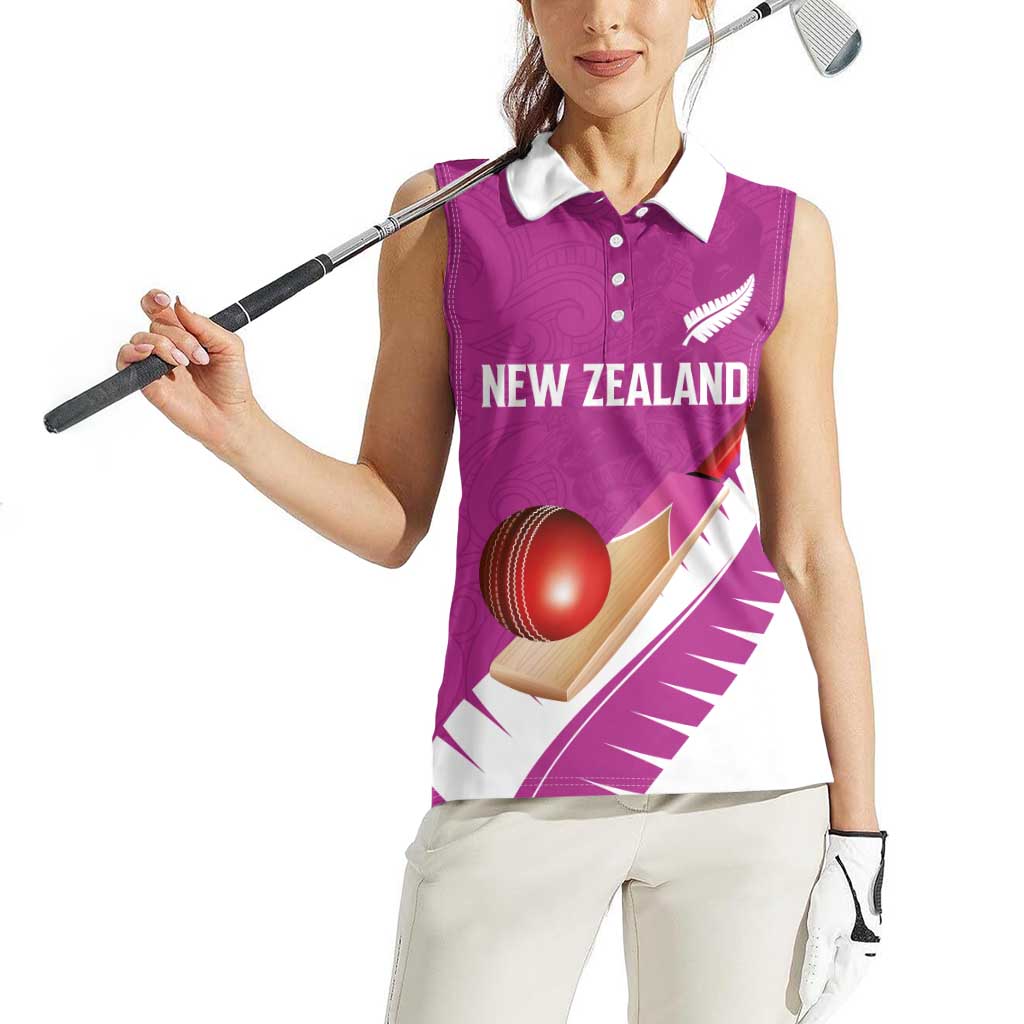 Custom New Zealand Cricket Women Sleeveless Polo Shirt Kiwi Birds Haka Dance Pink Fern Sporty Style LT03 - Polynesian Pride
