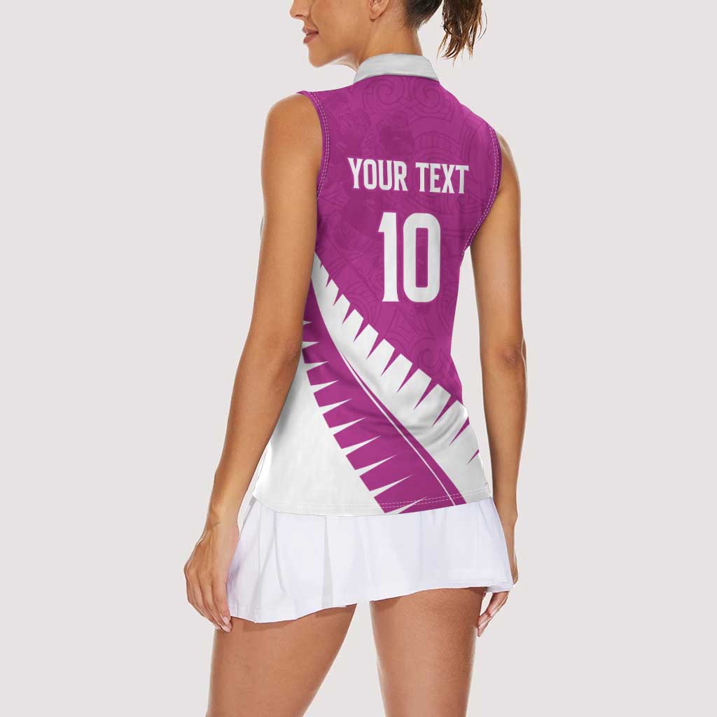 Custom New Zealand Cricket Women Sleeveless Polo Shirt Kiwi Birds Haka Dance Pink Fern Sporty Style LT03 - Polynesian Pride