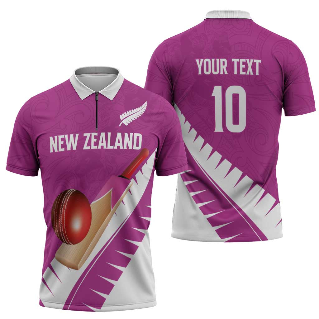 Custom New Zealand Cricket Zipper Polo Shirt Kiwi Birds Haka Dance Pink Fern Sporty Style LT03 - Polynesian Pride