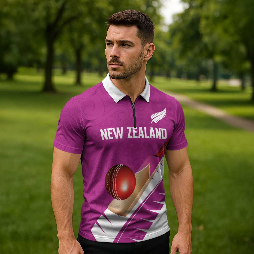 Custom New Zealand Cricket Zipper Polo Shirt Kiwi Birds Haka Dance Pink Fern Sporty Style LT03 - Polynesian Pride