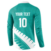 Custom New Zealand Cricket Button Sweatshirt Kiwi Birds Haka Dance Turquoise Fern Sporty Style