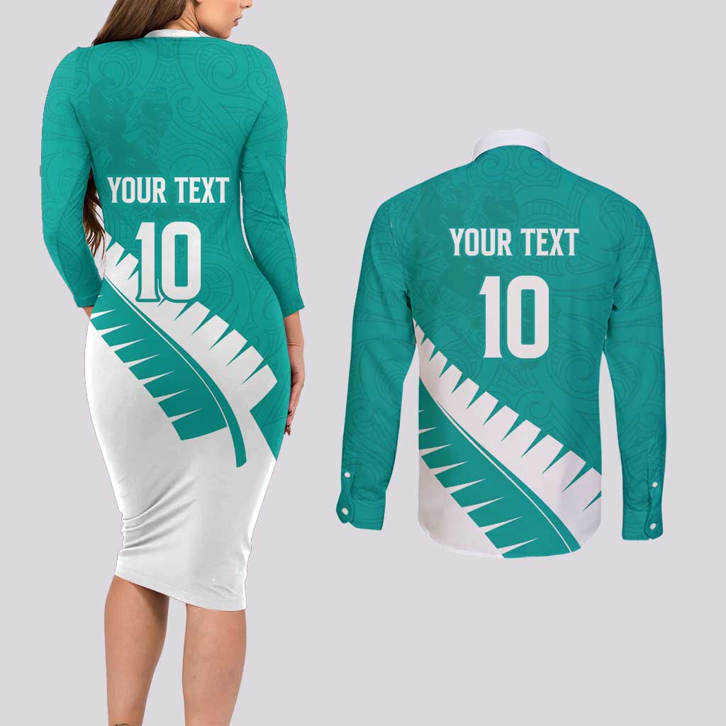 Custom New Zealand Cricket Couples Matching Long Sleeve Bodycon Dress and Long Sleeve Button Shirt Kiwi Birds Haka Dance Turquoise Fern Sporty Style LT03 - Polynesian Pride