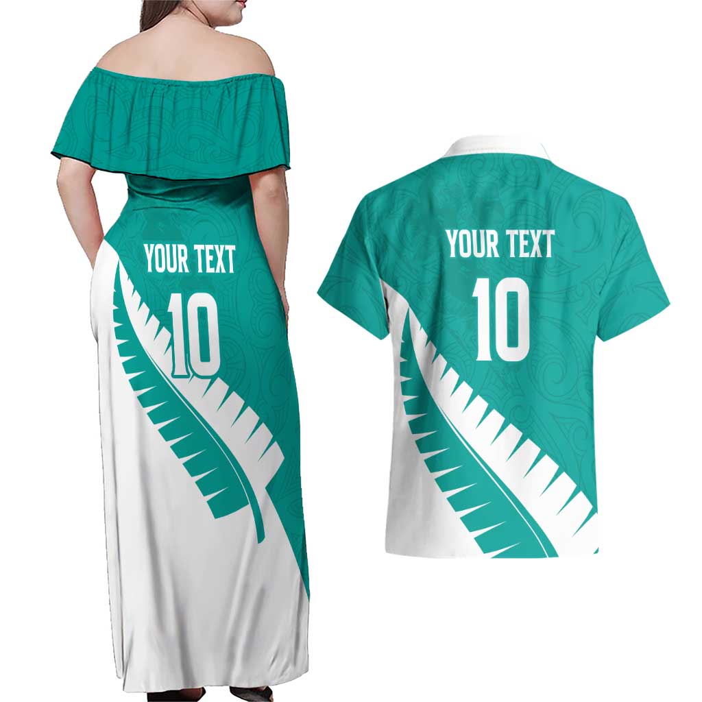 Custom New Zealand Cricket Couples Matching Off Shoulder Maxi Dress and Hawaiian Shirt Kiwi Birds Haka Dance Turquoise Fern Sporty Style LT03 - Polynesian Pride