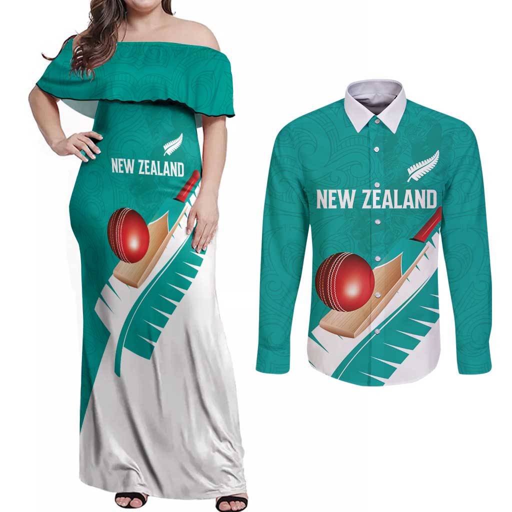 Custom New Zealand Cricket Couples Matching Off Shoulder Maxi Dress and Long Sleeve Button Shirt Kiwi Birds Haka Dance Turquoise Fern Sporty Style LT03 Turquoise - Polynesian Pride