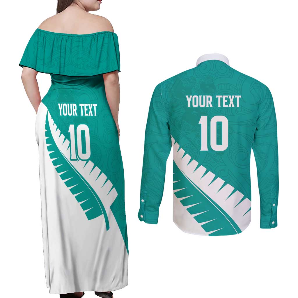Custom New Zealand Cricket Couples Matching Off Shoulder Maxi Dress and Long Sleeve Button Shirt Kiwi Birds Haka Dance Turquoise Fern Sporty Style LT03 - Polynesian Pride