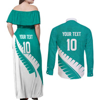 Custom New Zealand Cricket Couples Matching Off Shoulder Maxi Dress and Long Sleeve Button Shirt Kiwi Birds Haka Dance Turquoise Fern Sporty Style LT03 - Polynesian Pride