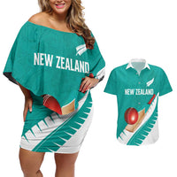 Custom New Zealand Cricket Couples Matching Off Shoulder Short Dress and Hawaiian Shirt Kiwi Birds Haka Dance Turquoise Fern Sporty Style LT03 Turquoise - Polynesian Pride