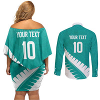 Custom New Zealand Cricket Couples Matching Off Shoulder Short Dress and Long Sleeve Button Shirt Kiwi Birds Haka Dance Turquoise Fern Sporty Style LT03 - Polynesian Pride