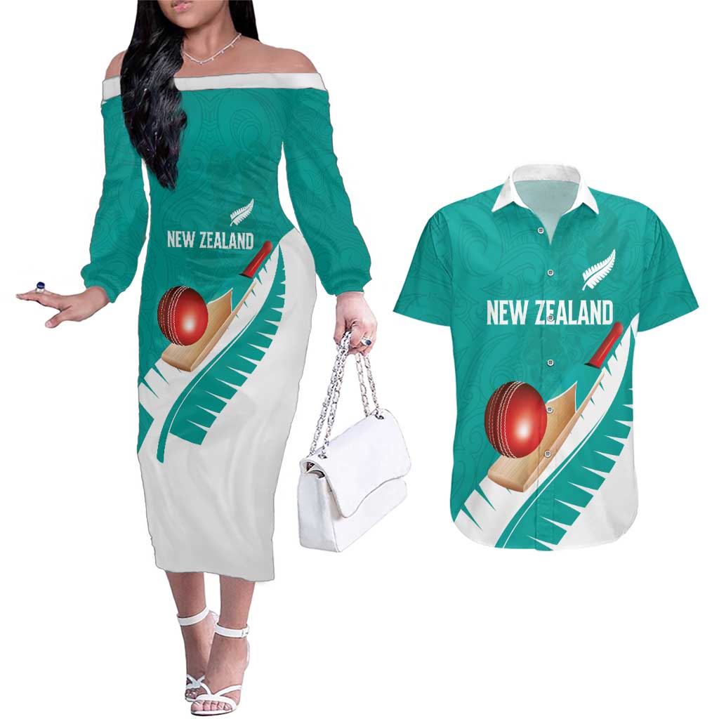 Custom New Zealand Cricket Couples Matching Off The Shoulder Long Sleeve Dress and Hawaiian Shirt Kiwi Birds Haka Dance Turquoise Fern Sporty Style LT03 Turquoise - Polynesian Pride
