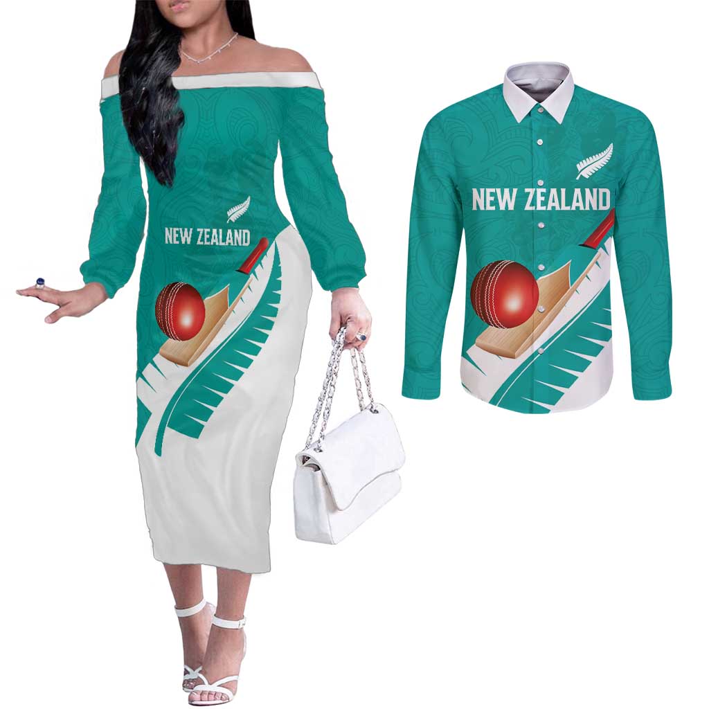 Custom New Zealand Cricket Couples Matching Off The Shoulder Long Sleeve Dress and Long Sleeve Button Shirt Kiwi Birds Haka Dance Turquoise Fern Sporty Style LT03 Turquoise - Polynesian Pride