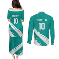 Custom New Zealand Cricket Couples Matching Puletasi and Long Sleeve Button Shirt Kiwi Birds Haka Dance Turquoise Fern Sporty Style LT03 - Polynesian Pride